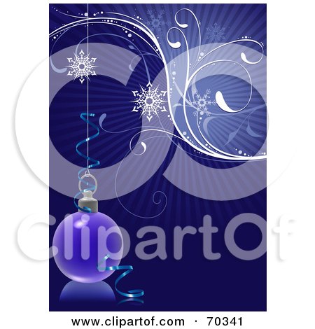 Royalty-Free (RF) Clipart Illustration of a Blue Background With Snowflakes, Vines And A Christmas Bauble by dero