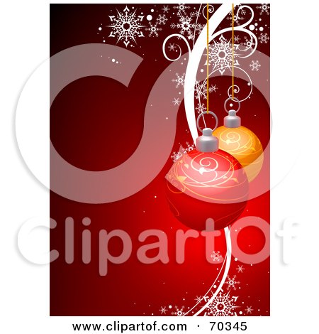Royalty-Free (RF) Clipart Illustration of a Red Background With Suspended Christmas Baubles, Snowflakes And Vines by dero