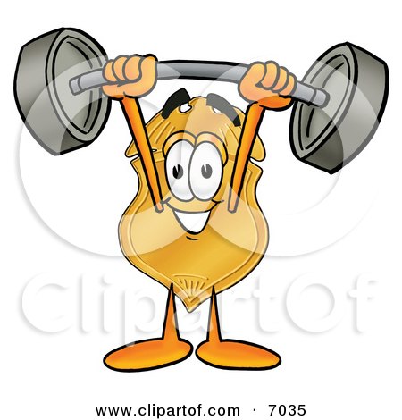 Clipart Picture of a Badge Mascot Cartoon Character Holding a Heavy Barbell Above His Head by Mascot Junction