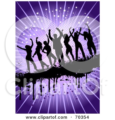 Royalty-Free (RF) Clipart Illustration of Silhouetted Dance People Over A Purple Burst Background With Grunge by KJ Pargeter