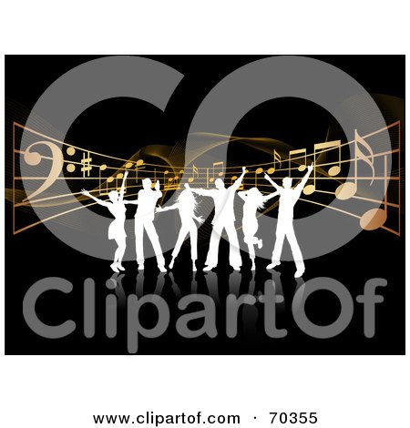 Royalty-Free (RF) Clipart Illustration of a Group Of White Silhouetted Dancers With Music Notes And Waves On Black by KJ Pargeter