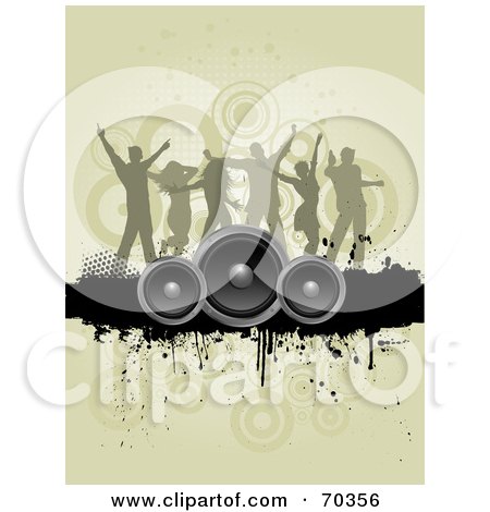 Royalty-Free (RF) Clipart Illustration of a Group Of Silhouetted Dancers Over A Grunge Bar With Speakers On Tan by KJ Pargeter