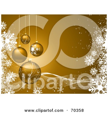 Royalty-Free (RF) Clipart Illustration of a Golden Background With Four Suspended Christmas Baubles, Waves And Snowflakes by KJ Pargeter