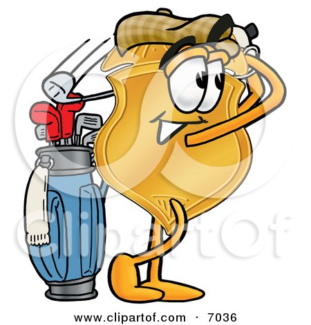 Clipart Picture of a Badge Mascot Cartoon Character Swinging His Golf Club While Golfing by Mascot Junction