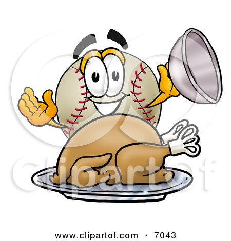 Clipart Picture of a Baseball Mascot Cartoon Character Serving a Thanksgiving Turkey on a Platter by Mascot Junction
