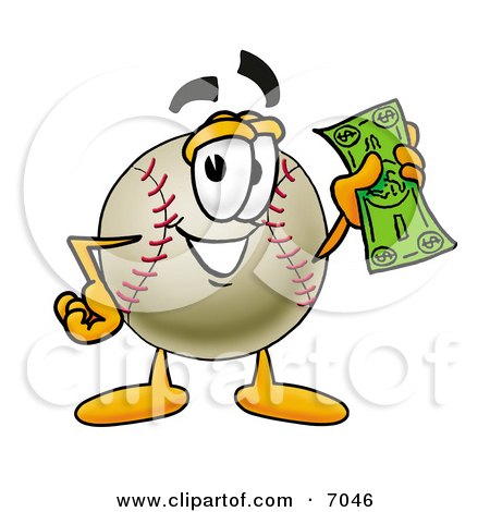 Clipart Picture of a Baseball Mascot Cartoon Character Holding a Dollar Bill by Mascot Junction