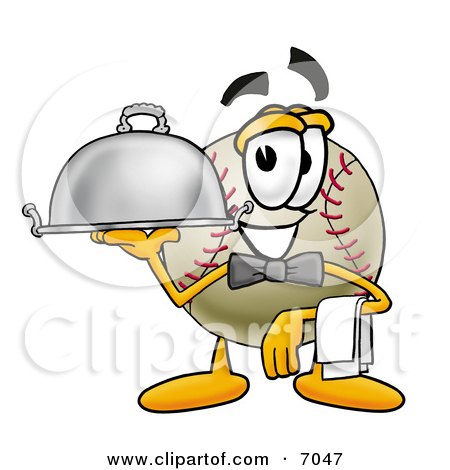 Clipart Picture of a Baseball Mascot Cartoon Character Dressed as a Waiter and Holding a Serving Platter by Mascot Junction
