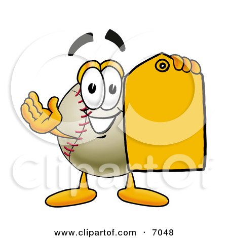 Clipart Picture of a Baseball Mascot Cartoon Character Holding a Yellow Sales Price Tag by Mascot Junction