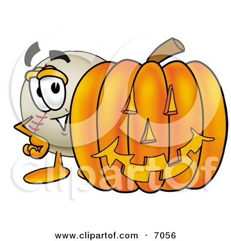 Clipart Picture of a Baseball Mascot Cartoon Character With a Carved Halloween Pumpkin by Mascot Junction