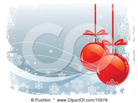 Royalty-Free (RF) Clipart Illustration of a Blue Christmas Background With Snowflake Breezes And Red Ornaments by Pushkin