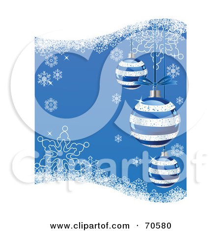 Royalty-Free (RF) Clipart Illustration of a Blue Christmas Background With Striped Ornaments And Snowflakes by Pushkin