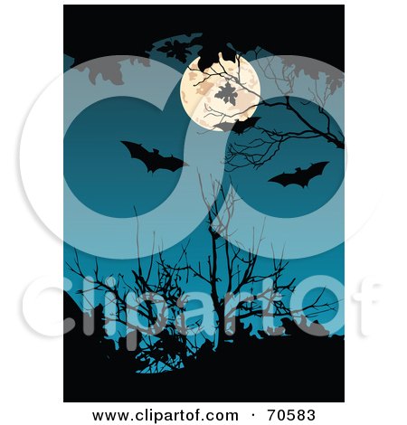 Royalty-Free (RF) Clipart Illustration of a Dark Blue Background With A Full Moon, Bats And Silhouetted Branches by Pushkin