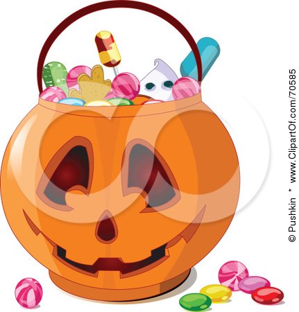 Royalty-Free (RF) Clipart Illustration of Halloween Candy In A Jack O Lantern Pumpkin Basket by Pushkin