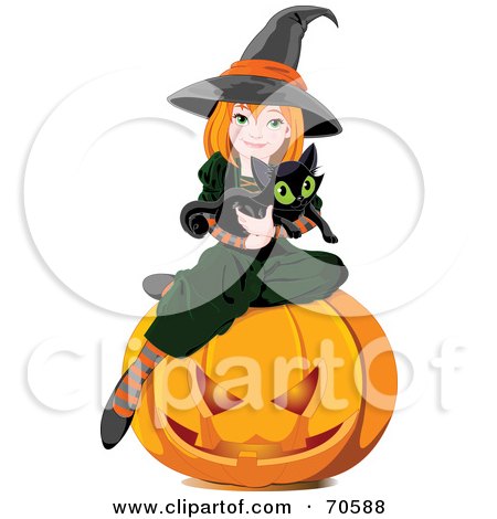 Royalty-Free (RF) Clipart Illustration of a Cute Halloween Witch Holding A Kitten And Sitting On A Pumpkin by Pushkin