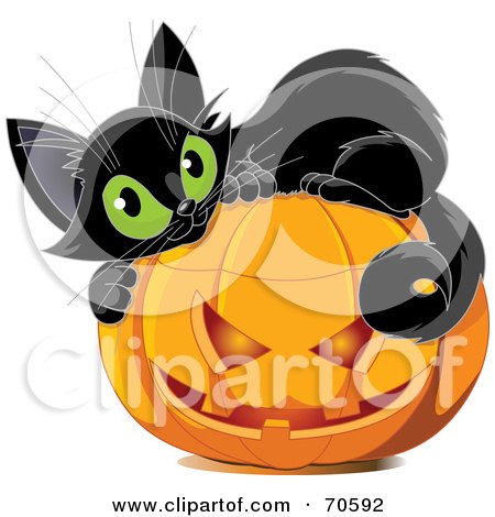 Royalty-Free (RF) Clipart Illustration of a Cute Black Kitten Curled Up On Top Of A Halloween Pumpkin by Pushkin