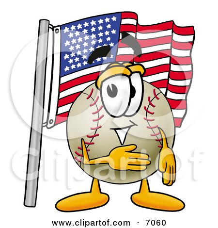 Clipart Picture of a Baseball Mascot Cartoon Character Pledging Allegiance to an American Flag by Mascot Junction