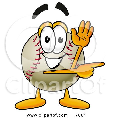 Clipart Picture of a Baseball Mascot Cartoon Character Waving and Pointing by Mascot Junction
