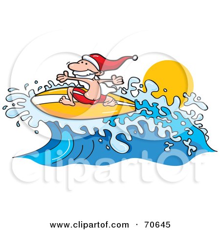 Royalty-Free (RF) Clipart Illustration of a Surfer Santa Riding A Wave by jtoons