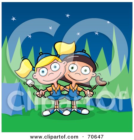 Royalty-Free (RF) Clipart Illustration of Two Little Brownie Girls Holding A Marshmallow And Weenie On A Roasting Stick At A Camp Site by jtoons