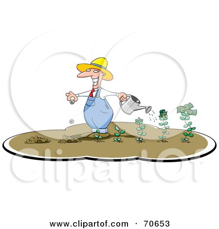 Royalty-Free (RF) Clipart Illustration of a Money Farming Watering His Plants And Planting New Seeds by jtoons