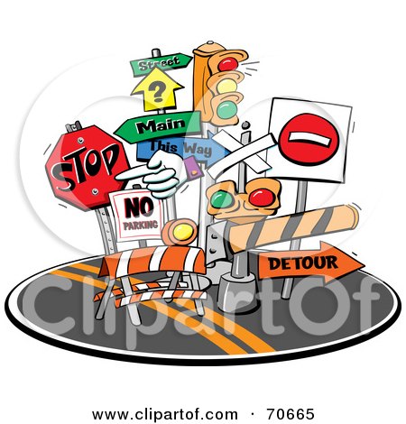 Royalty-Free (RF) Clipart Illustration of a Group Of Road Signs And Lights In The Middle Of A Street by jtoons