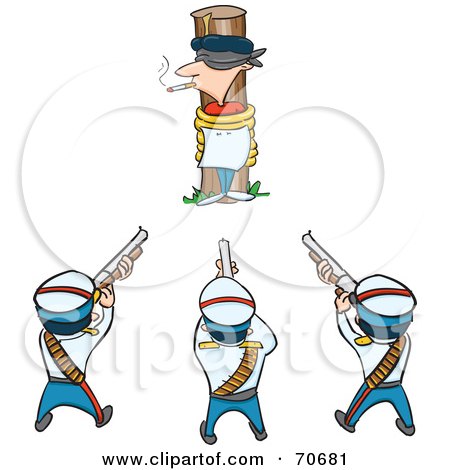 Royalty-Free (RF) Clipart Illustration of a Firing Squad Aimed At A Man Smoking And Tied Against A Pole by jtoons