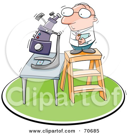 Royalty-Free (RF) Clipart Illustration of a Short Scientists On A Ladder, Looking Through A Microscope by jtoons
