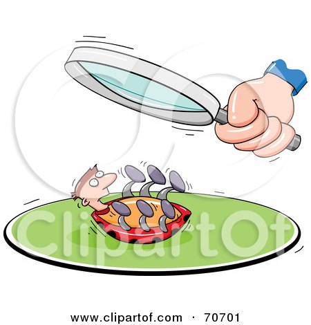 Royalty-Free (RF) Clipart Illustration of a Hand Holding A Magnifying Glass Over A Ladybug Man by jtoons