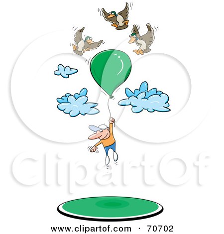Royalty-Free (RF) Clipart Illustration of a Birds Floating Around A Man Hanging Onto A Balloon by jtoons