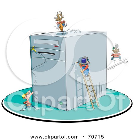 Royalty-Free (RF) Clipart Illustration of a Team Of Tiny Men Repairing A Computer by jtoons