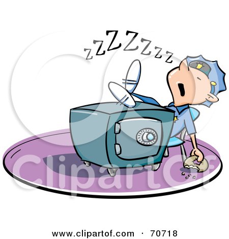 Royalty-Free (RF) Clipart Illustration of a Security Guard Sleeping With His Feet On Top Of A Safe, A Donut In Hand by jtoons