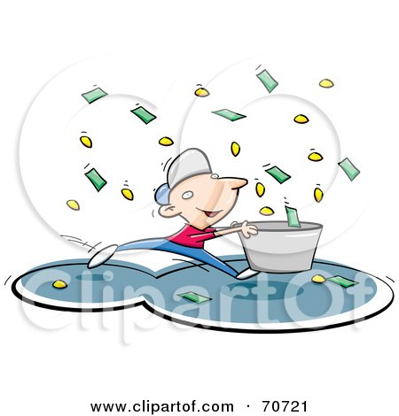 Royalty-Free (RF) Clipart Illustration of a Man Carrying A Bucket And Catching Cash While It Rains Money by jtoons