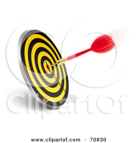 Royalty-Free (RF) Clipart Illustration of a Red And Gold Dart On A Yellow And Black Dartboard Target by Oligo
