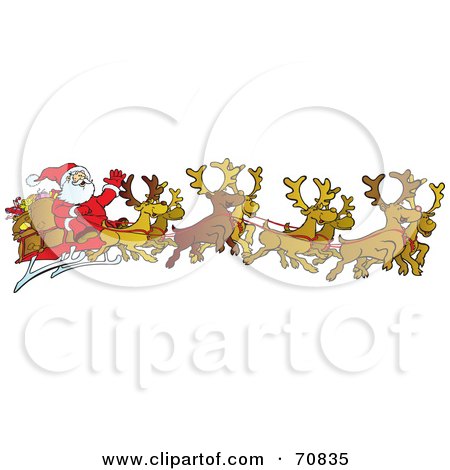 Royalty-Free (RF) Clipart Illustration of a Team Of Eight Reindeer Flying Santa In His Sleigh by Snowy