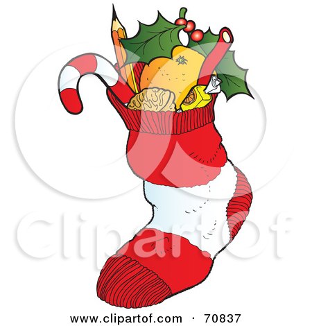 Royalty-Free (RF) Clipart Illustration of a Red And White Christmas Stocking Stuffed With Items by Snowy