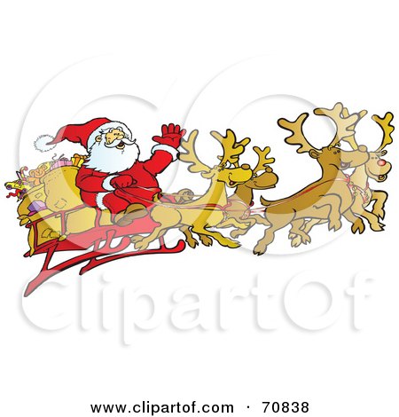Royalty-Free (RF) Clipart Illustration of a Team Of Four Reindeer Flying Santa In His Sleigh by Snowy