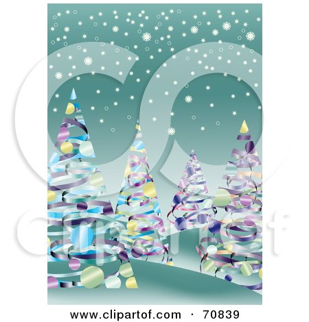 Royalty-Free (RF) Clipart Illustration of a Background Of Ribbon Christmas Trees On Green With Snow by kaycee
