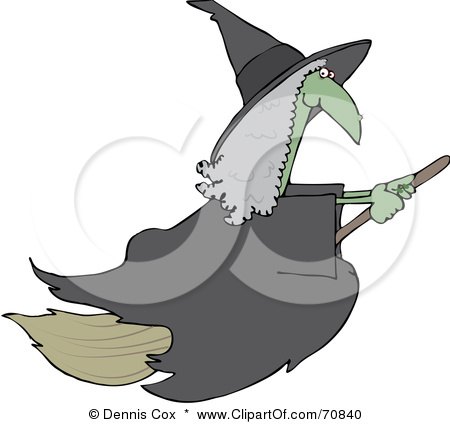 Royalty-Free (RF) Clipart Illustration of a Green Warty Flying Witch With Gray Hair by djart