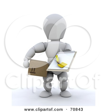 Royalty-Free (RF) Clipart Illustration of a 3d White Character Delivery Man Holding A Clipboard And A Box by KJ Pargeter