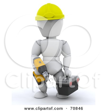 Royalty-Free (RF) Clipart Illustration of a 3d White Character Holding A Tool Box And Drill by KJ Pargeter