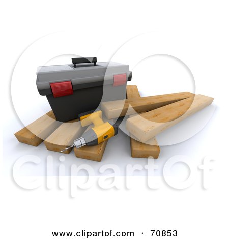 Royalty-Free (RF) Clipart Illustration of a 3d Power Drill And Tool Box On Wood Planks by KJ Pargeter