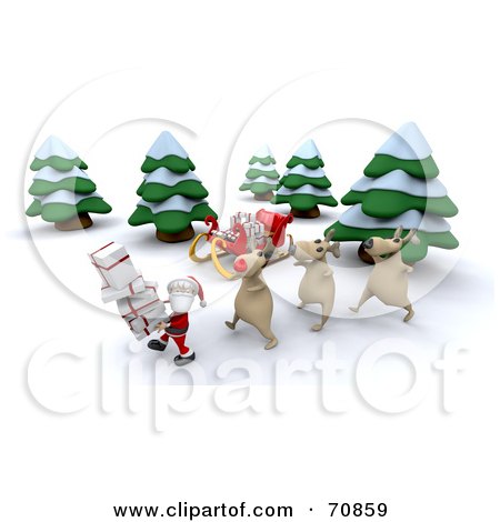 Royalty-Free (RF) Clipart Illustration of a 3d Santa And Reindeer With A Sleigh And Gifts In The Snow by KJ Pargeter