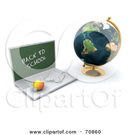 Royalty-Free (RF) Clipart Illustration of a 3d World Globe With A Back To School Laptop by KJ Pargeter