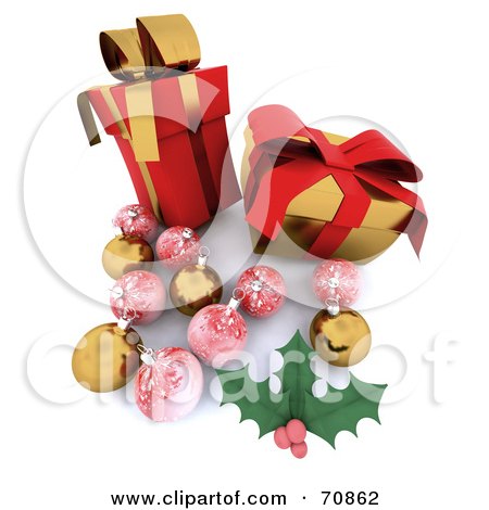 Royalty-Free (RF) Clipart Illustration of a 3d Display Of Red And Gold Christmas Presents, Baubles And Holly by KJ Pargeter