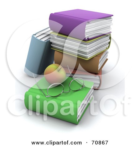 Royalty-Free (RF) Clipart Illustration of a 3d Apple With Spectacles With A Stack Of Text Books by KJ Pargeter