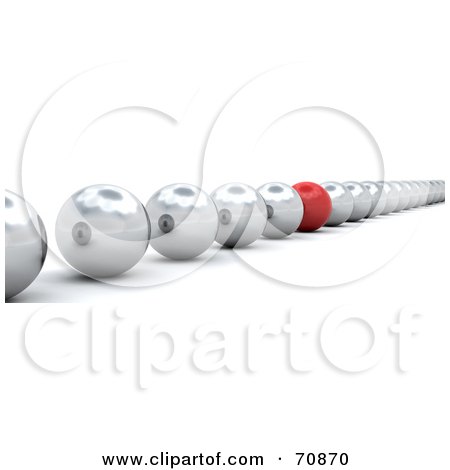 Royalty-Free (RF) Clipart Illustration of a 3d Row Of Chrome Balls, One Red Standing Out by KJ Pargeter
