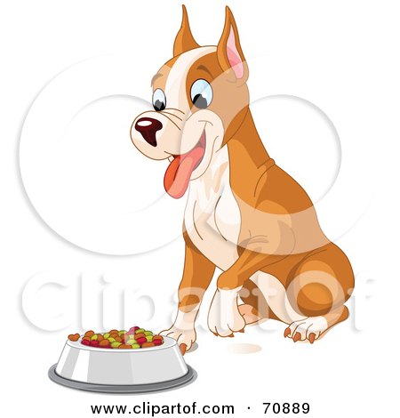 Royalty-Free (RF) Clipart Illustration of a Cute Boxer Puppy Sitting In Front Of His Food Dish by Pushkin