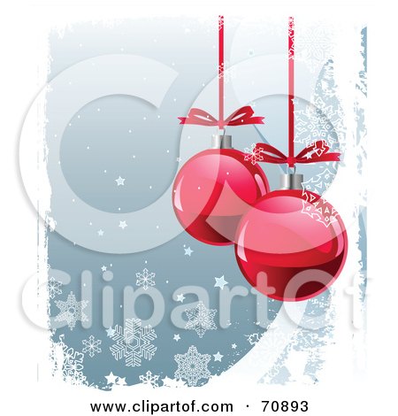 Royalty-Free (RF) Clipart Illustration of a Blue Christmas Background With Snowflakes, White Grunge And Two Shiny Red Baubles by Pushkin