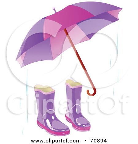 Royalty-Free (RF) Clipart Illustration of a Purple Umbrella With A Pair Of Boots And Rain by Pushkin