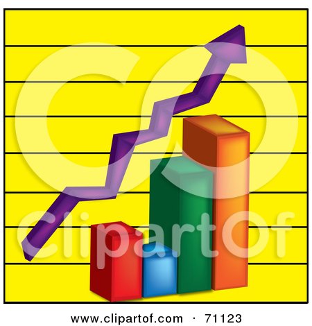 Royalty-Free (RF) Clipart Illustration of a Colorful 3d Bar Graph With A Purple Arrow Over Yellow by Pams Clipart